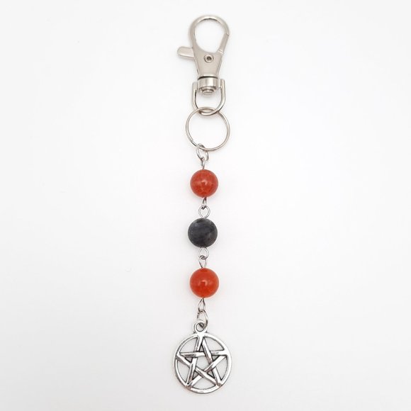Pentacle Fire Agate Labradorite Chakra Gemstone Keychain Handmade Accessory - Picture 1 of 7